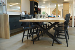 James AdcockFour Corners – Live edge dining table with blue painted legs and chairs